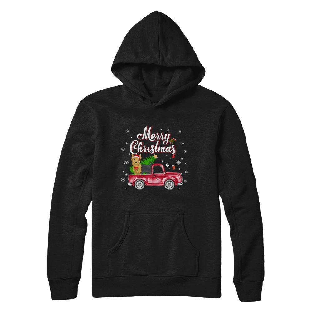 Yorkie Retriever Rides Red Truck Christmas Pajama-T-Shirt & Sweatshirt-Pullover Hoodie-Black