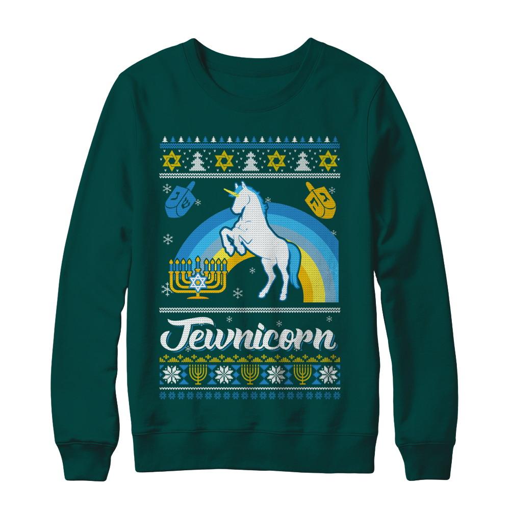 Funny Ugly Hanukkah Sweater Unicorn Jewnicorn-T-Shirt & Sweatshirt-Crewneck Sweatshirt-Deep Forest