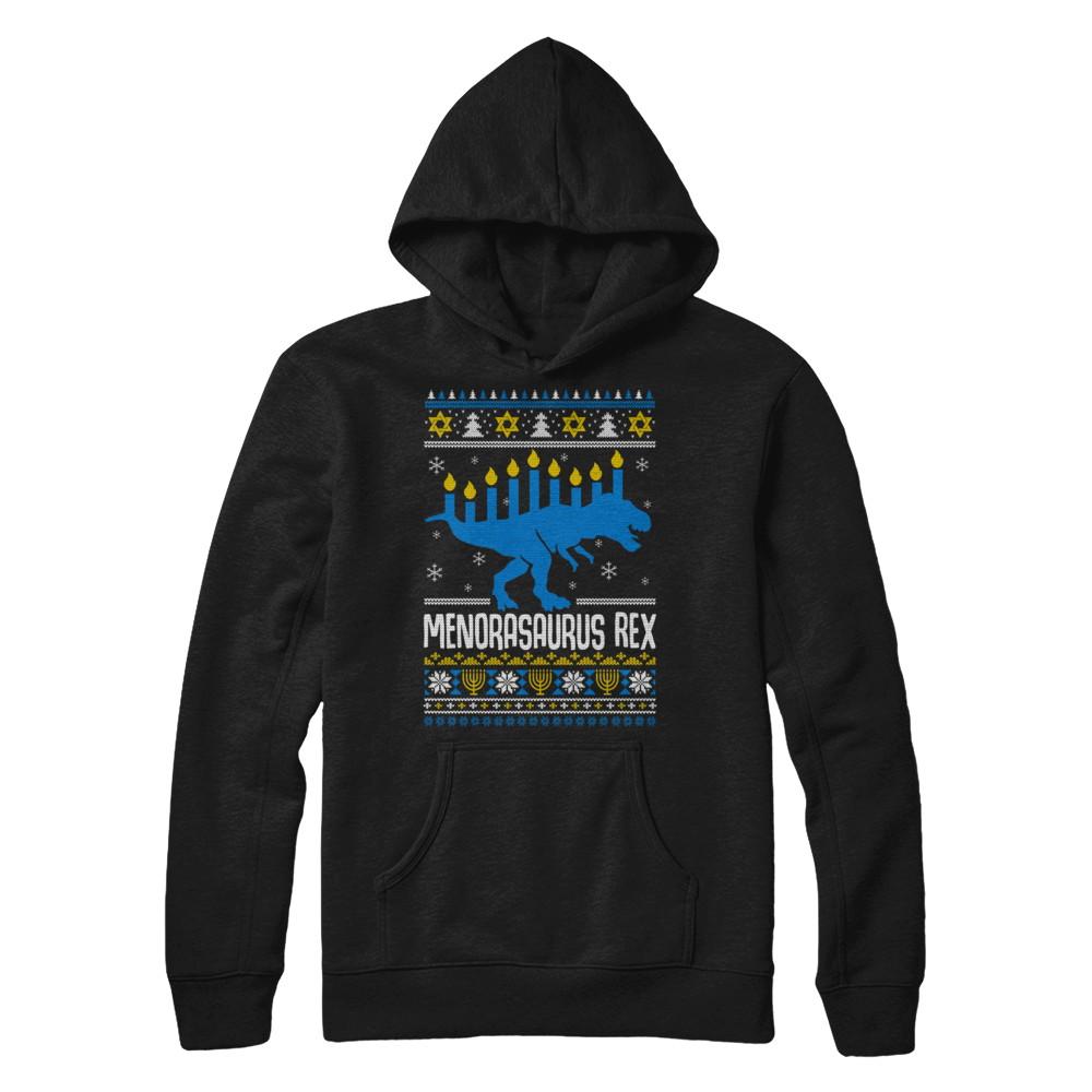Funny Ugly Hanukkah Dinosaur T-Rex Menorasaurus Sweater-T-Shirt & Sweatshirt-Pullover Hoodie-Black