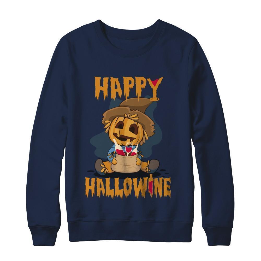 Halloween Happy Hallowine For Wine Straw Man Pumpkin-T-Shirt & Sweatshirt-Crewneck Sweatshirt-Navy