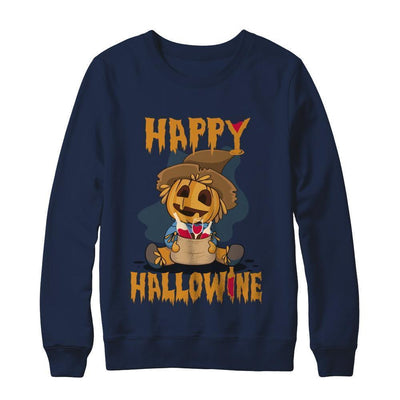 Halloween Happy Hallowine For Wine Straw Man Pumpkin-T-Shirt & Sweatshirt-Crewneck Sweatshirt-Navy