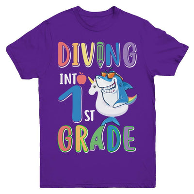 Diving Into 1st Grade Back To School Shark Youth-Youth Shirt-Youth T-Shirt-Purple