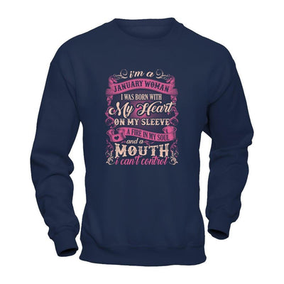 I Am A January Woman I Was Born With My Heart On My Sleeve-T-Shirt & Tank Top-Crewneck Sweatshirt-Navy