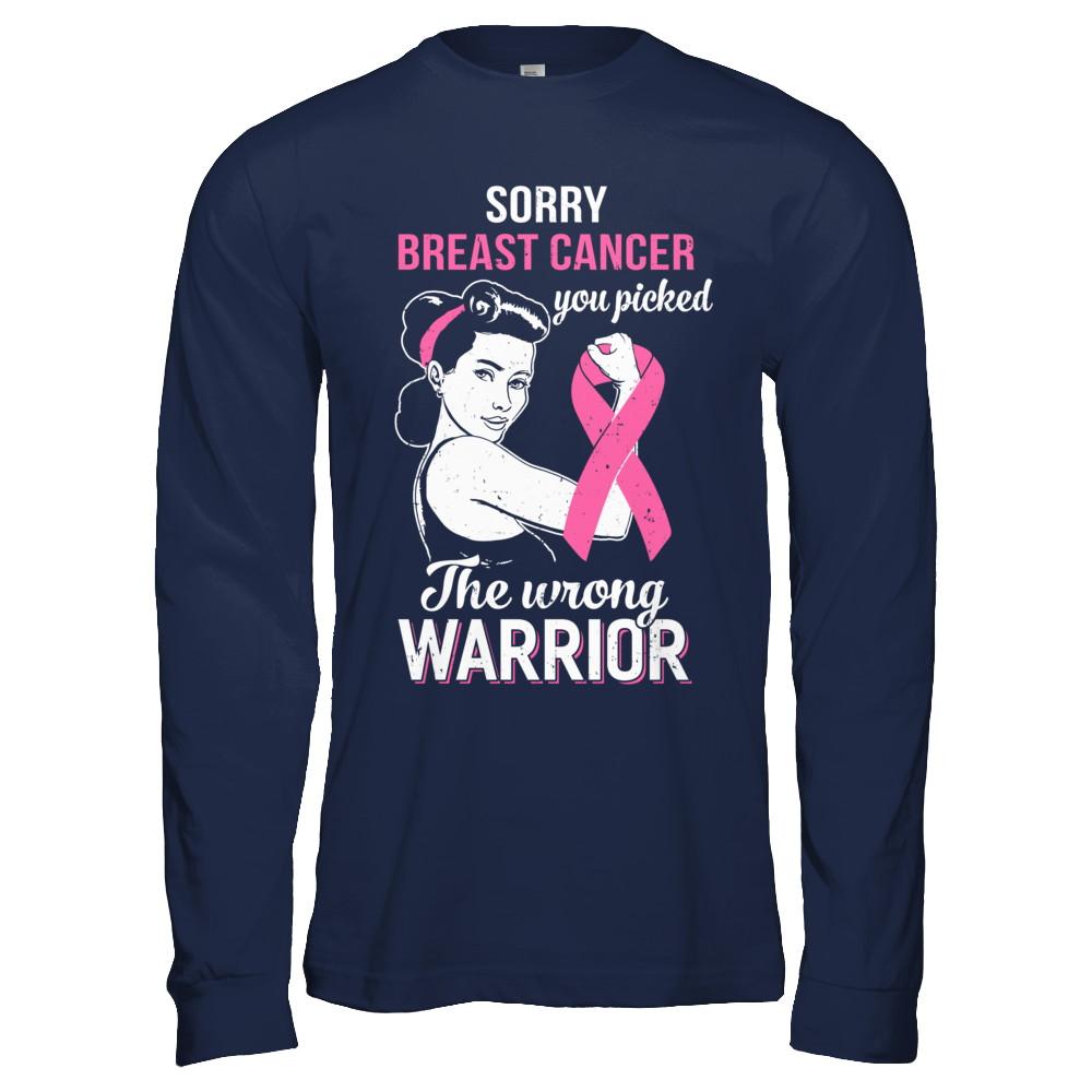 Sorry Cancer You Picked The Wrong Warrior Breast Cancer-T-Shirt & Hoodie-Long Sleeve T-Shirt-Navy