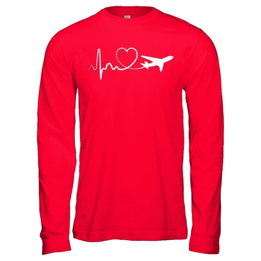 Airplane Fly Flight Planes Heartbeat To Travel Airplane-T-Shirt & Hoodie-Long Sleeve T-Shirt-Red