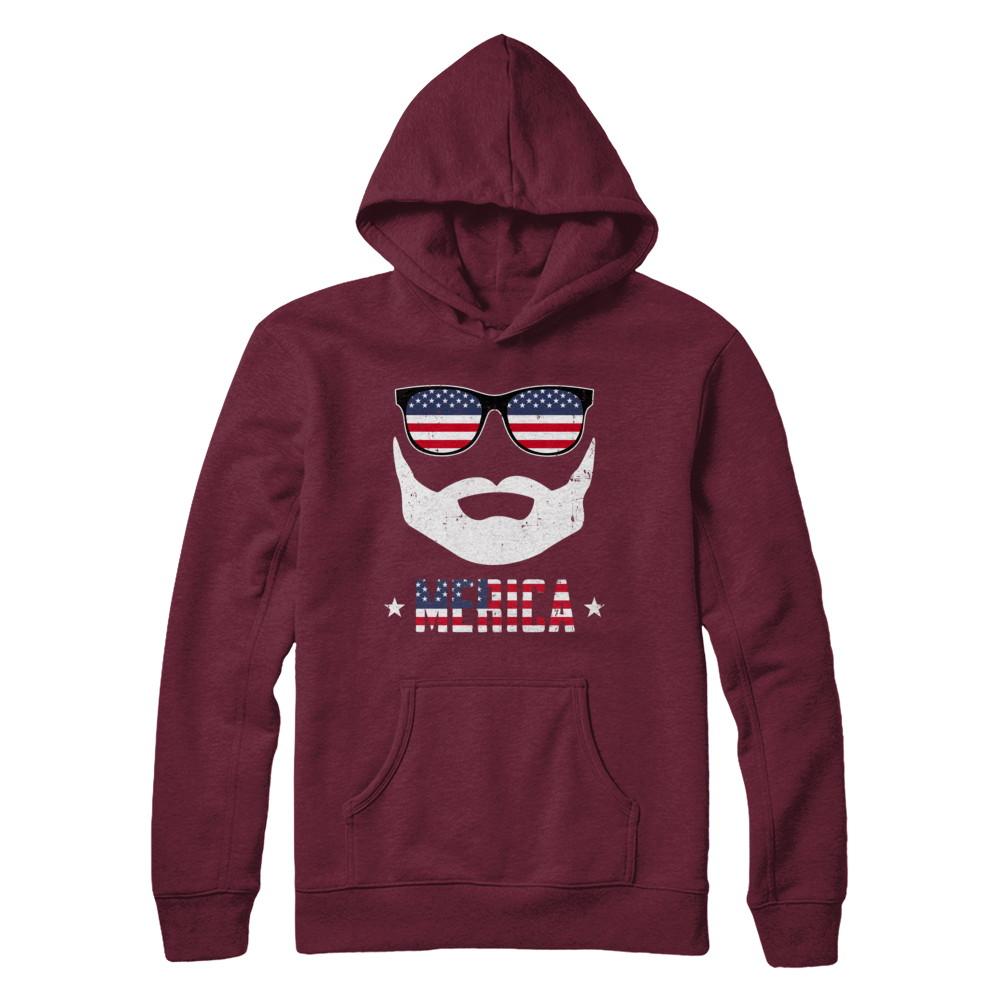 4th of July MERICA America Flag Mustache Dad Bearded-T-Shirt & Hoodie-Pullover Hoodie-Maroon