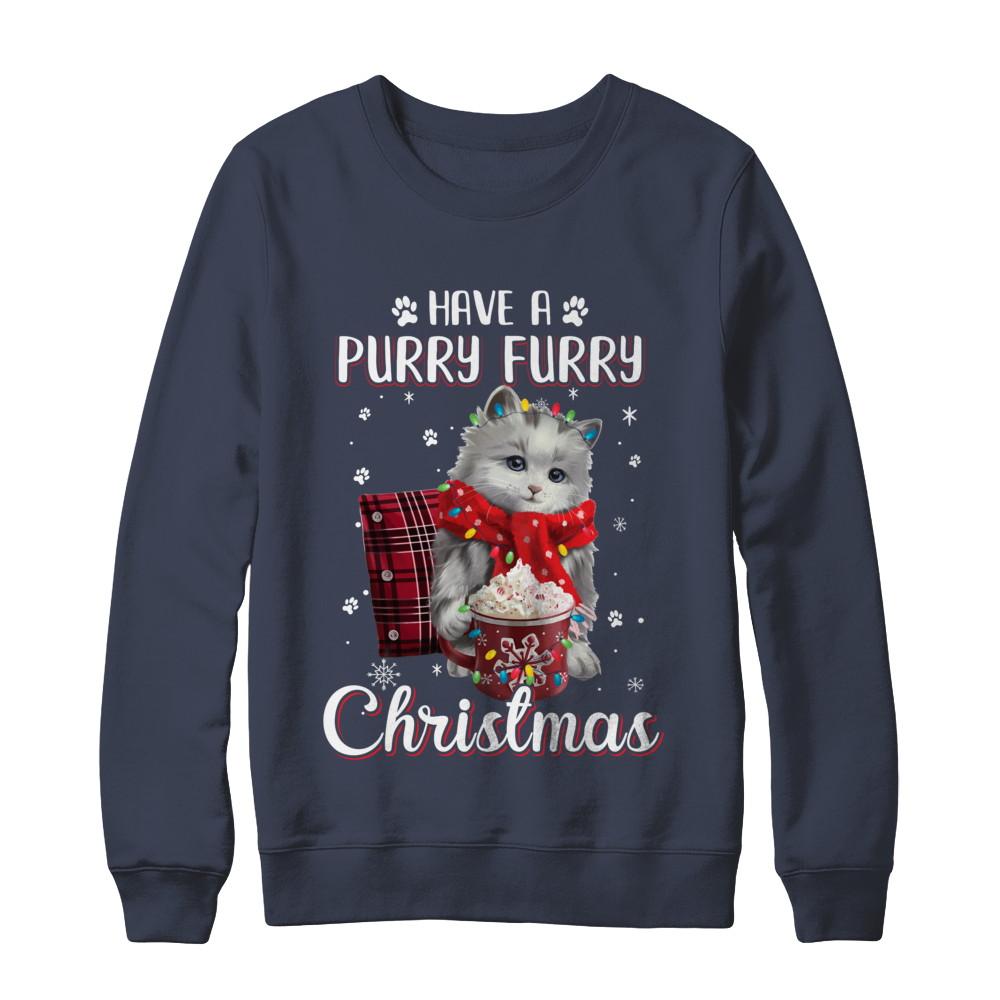 Have A Purry Furry Christmas Funny Holiday Xmas Cat-T-Shirt & Sweatshirt-Crewneck Sweatshirt-Navy