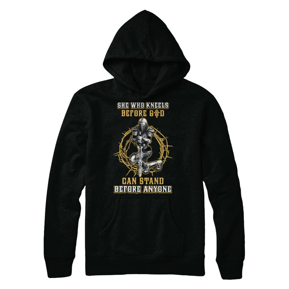 Knight American She Who Kneels Before God Can Stand Before Anyone-T-Shirt & Hoodie-Pullover Hoodie-Black