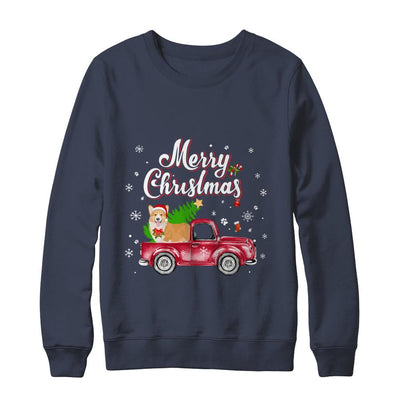 Corgi Retriever Rides Red Truck Christmas Pajama-T-Shirt & Sweatshirt-Crewneck Sweatshirt-Navy