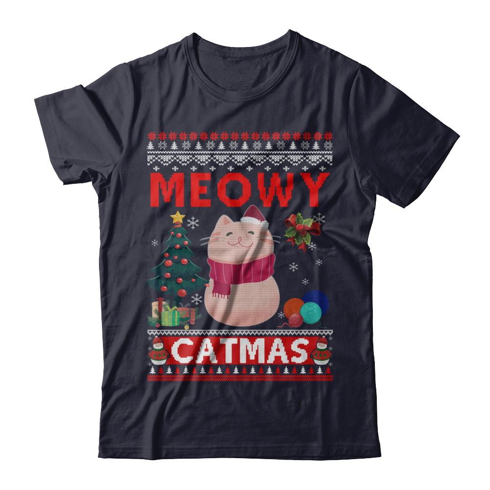Meowy Catmas Ugly Sweater Cat Christmas-T-Shirt & Sweatshirt-Premium T-Shirt-Midnight Navy