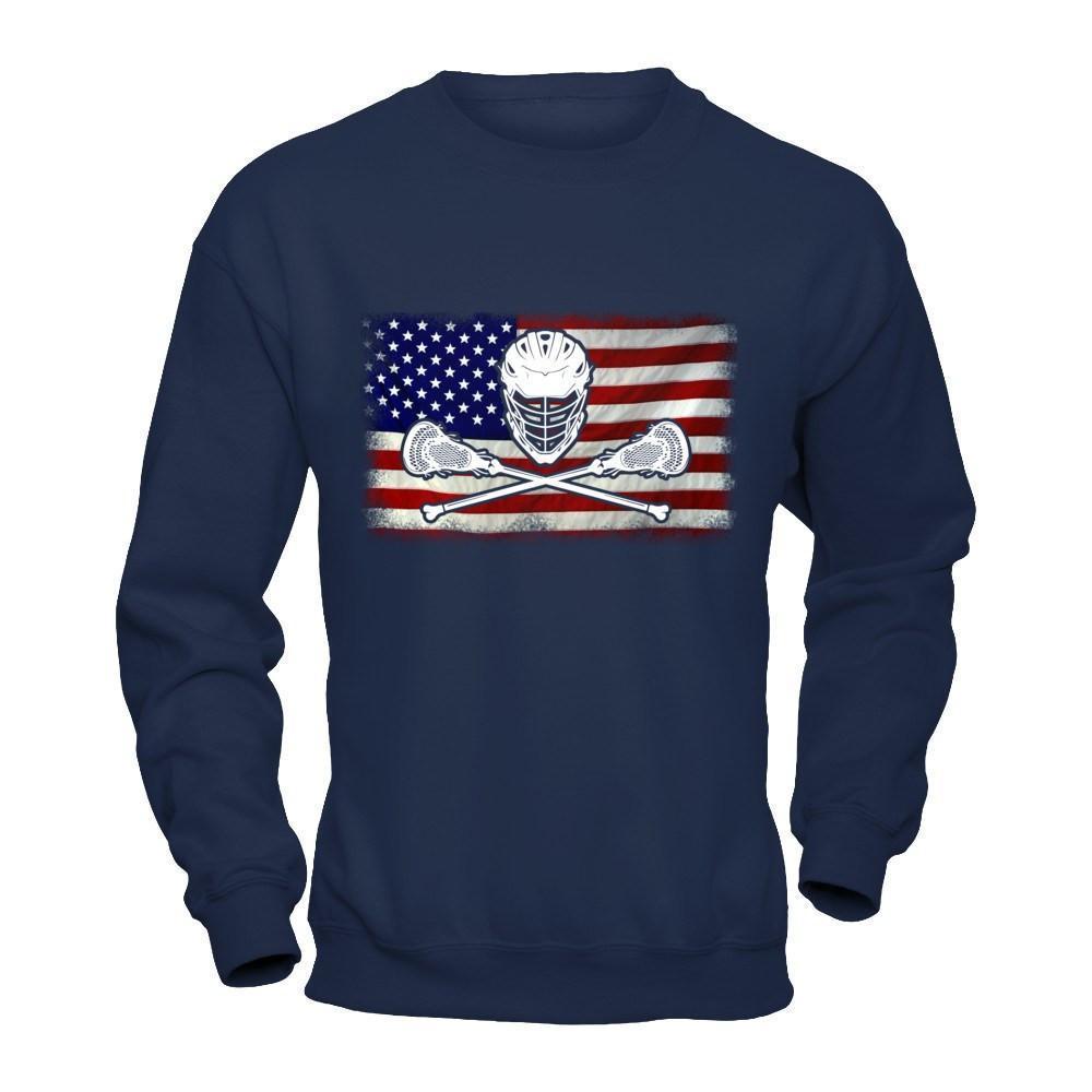 Lacrosse Helmet Crossed America Flag-T-Shirt & Hoodie-Crewneck Sweatshirt-Navy