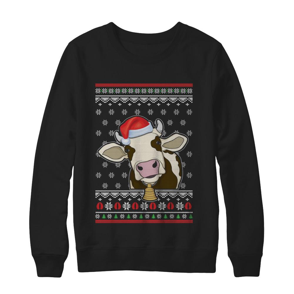 Pajamas Cow With Santa Hat Ugly Christmas Sweater-T-Shirt & Sweatshirt-Crewneck Sweatshirt-Black
