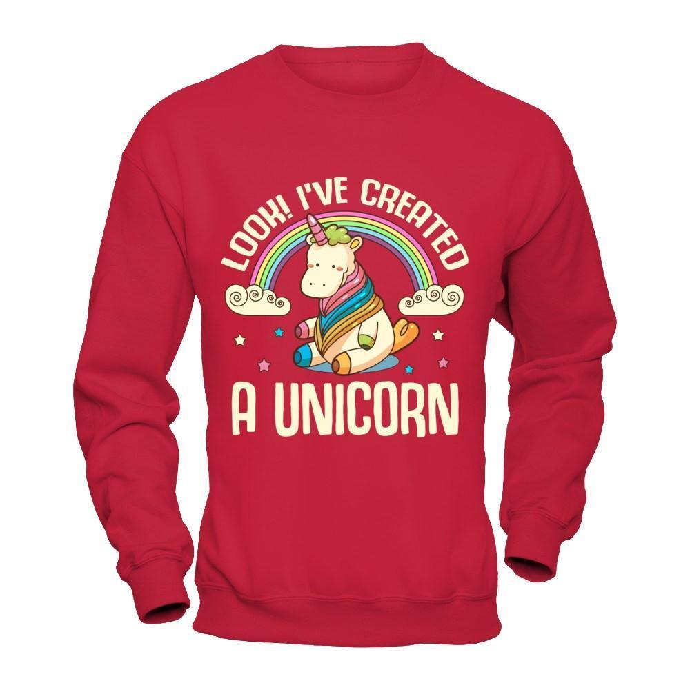 Look I've Created A Unicorn-T-Shirt & Hoodie-Crewneck Sweatshirt-Red