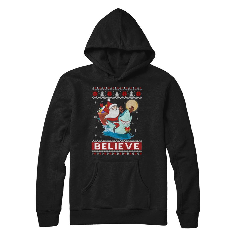 Believe In Santa Riding Shark Ugly Christmas Sweater-T-Shirt & Sweatshirt-Pullover Hoodie-Black