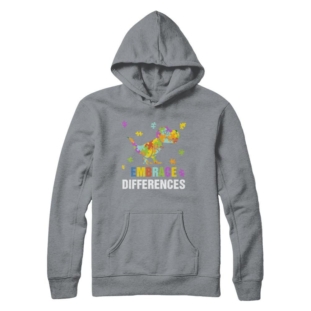 Autism Awareness Puzzle Piece Dinosaur Embrace Differences-T-Shirt & Hoodie-