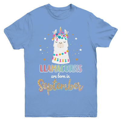 Llama Unicorn Llamacorns Born In September Birthday Gift Youth-Youth Shirt-Youth T-Shirt-Carolina Blue