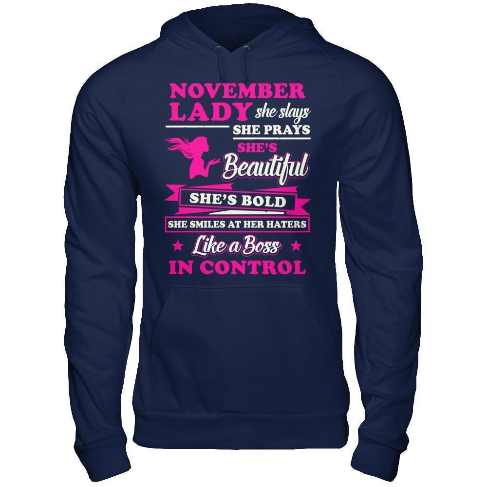 November Lady She Slays She Prays She's Beautiful She's Bold-T-Shirt & Hoodie-Pullover Hoodie-Navy