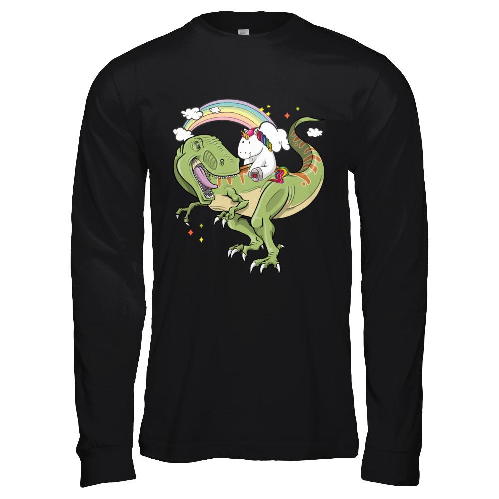 Unicorn Riding Dinosaur T Rex Unicorns Rainbow Gifts-T-Shirt & Hoodie-Long Sleeve T-Shirt-Black