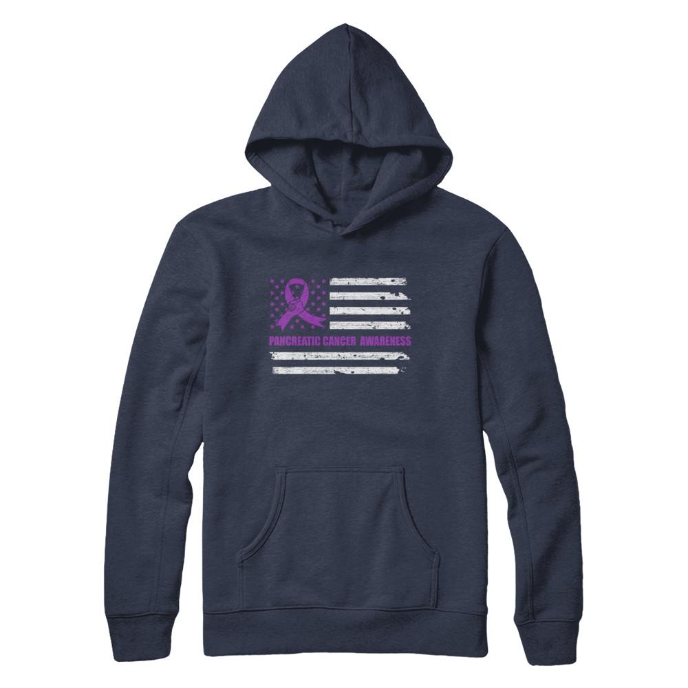 Purple Ribbon Pancreatic Cancer Awareness US Flag-T-Shirt & Hoodie-Pullover Hoodie-Navy