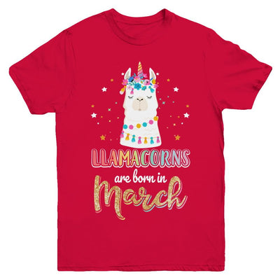 Llama Unicorn Llamacorns Born In March Birthday Gift Youth-Youth Shirt-Youth T-Shirt-Red