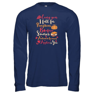 Every Year I Fall For Pumpkins Bonfires S'mores Autumn-T-Shirt & Tank Top-Long Sleeve T-Shirt-Navy