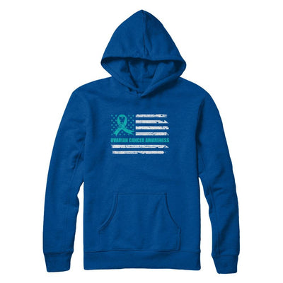 Teal Ribbon Ovarian Cancer Awareness US Flag-T-Shirt & Hoodie-Pullover Hoodie-Deep Royal