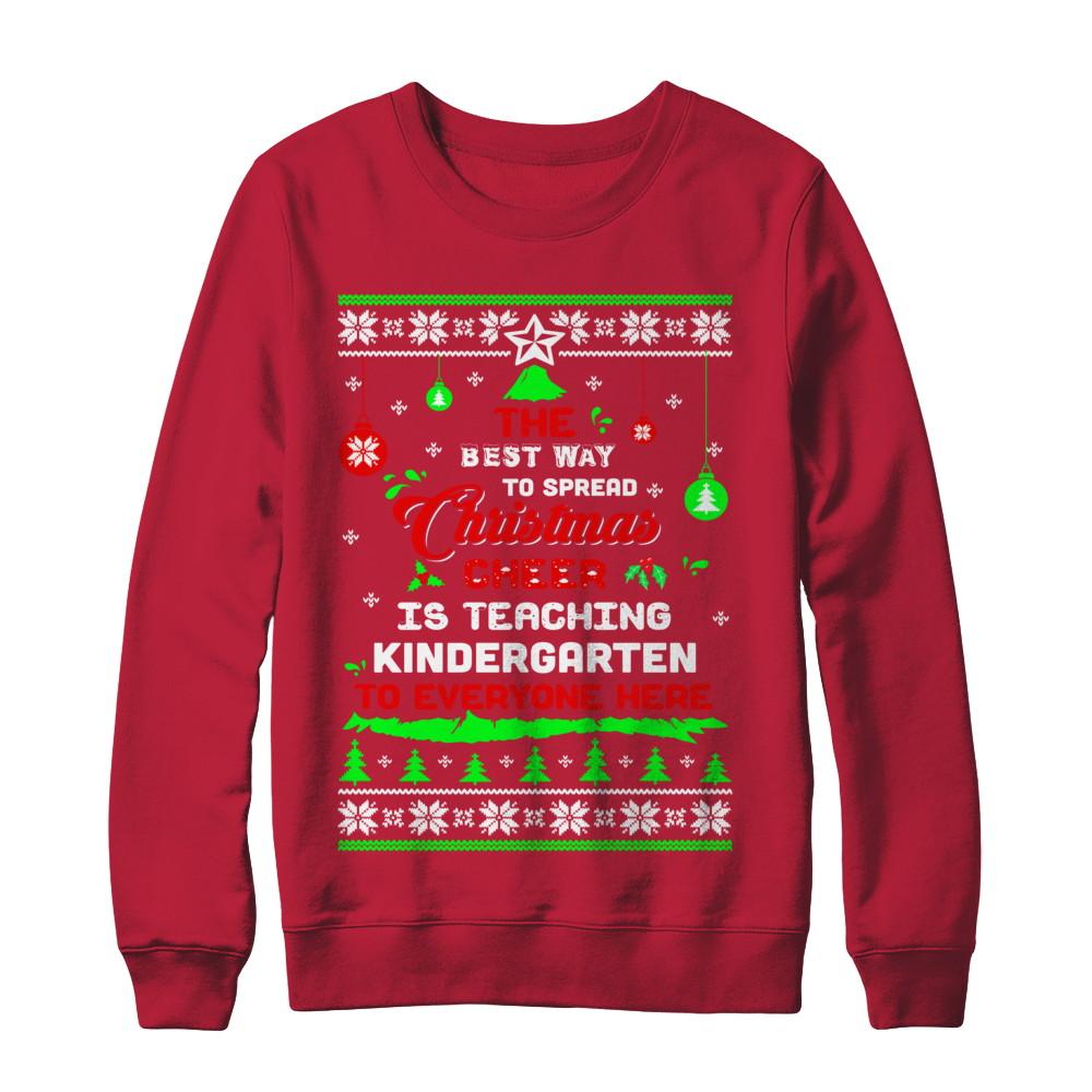 Teacher Christmas Cheer Teaching Kindergarten Everyone Sweater-T-Shirt & Sweatshirt-Crewneck Sweatshirt-Red