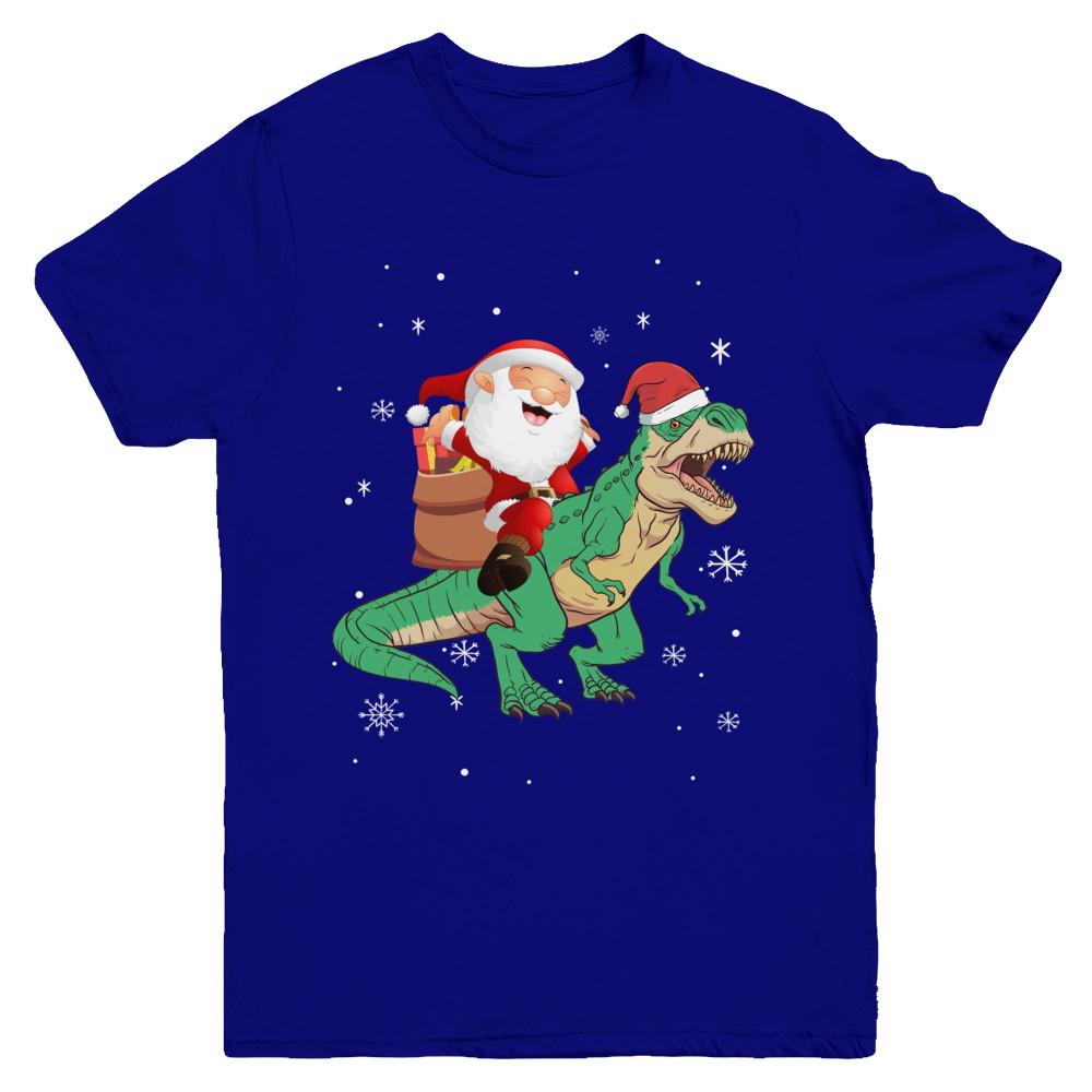 Christmas Santa Kids Dinosaur T-Rex For Boys Kids Youth-Youth Shirt-Youth T-Shirt-Navy