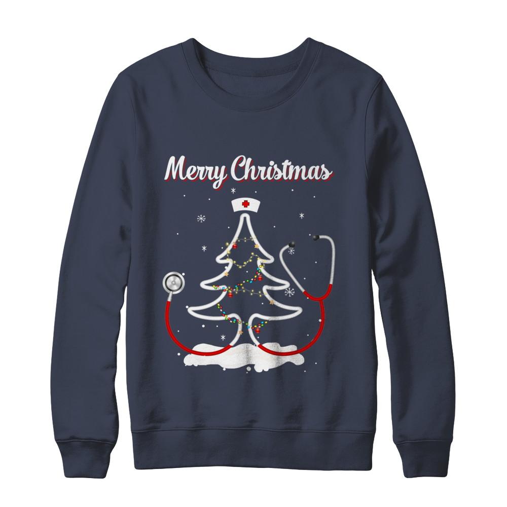 Merry Christmas Stethoscope Nurse Christmas Tree Xmas-T-Shirt & Sweatshirt-Crewneck Sweatshirt-Navy