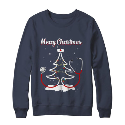 Merry Christmas Stethoscope Nurse Christmas Tree Xmas-T-Shirt & Sweatshirt-Crewneck Sweatshirt-Navy