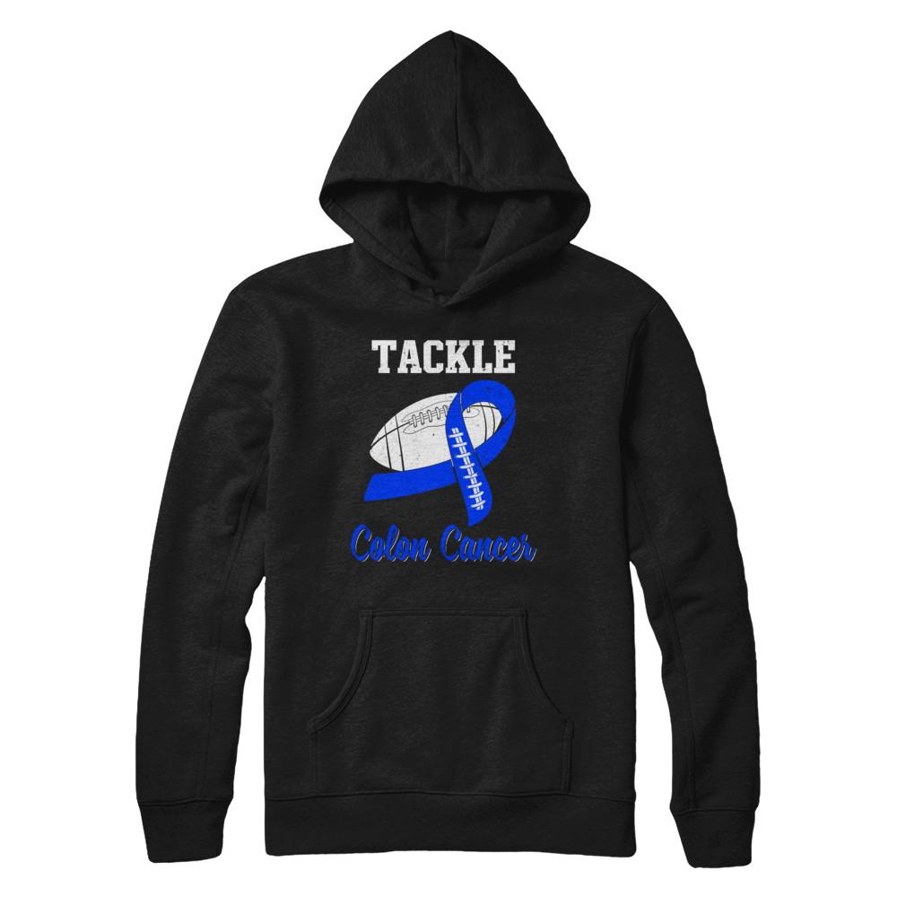 Football Survivor Tackle Blue Colon Cancer Awareness-T-Shirt & Hoodie-Pullover Hoodie-Black