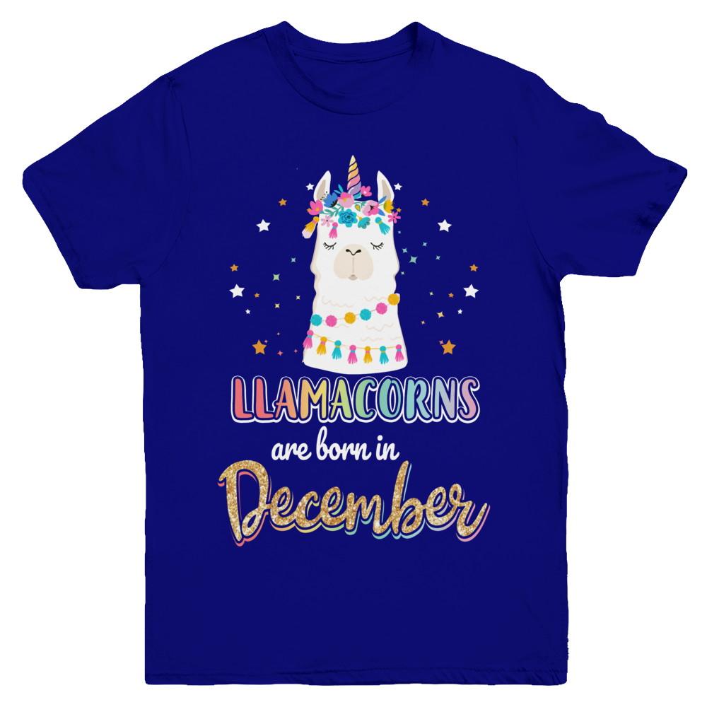Llama Unicorn Llamacorns Born In December Birthday Gift Youth-Youth Shirt-Youth T-Shirt-Navy