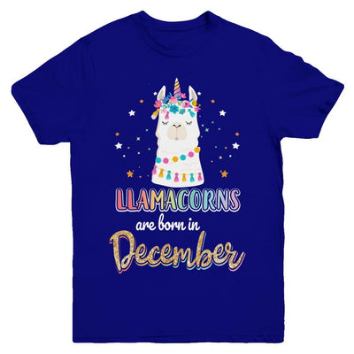 Llama Unicorn Llamacorns Born In December Birthday Gift Youth-Youth Shirt-Youth T-Shirt-Navy