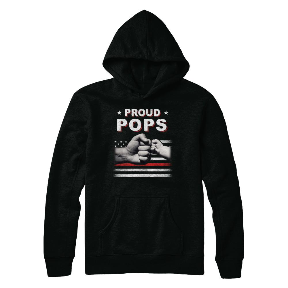Proud Pops Fireman Firefighter Thin Red Line Flag Fathers Day-T-Shirt & Hoodie-Pullover Hoodie-Black
