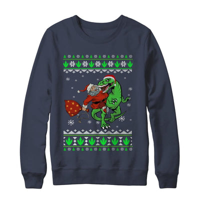 Santa Riding Dinosaur T-Rex Ugly Christmas Sweater-T-Shirt & Sweatshirt-Crewneck Sweatshirt-Navy