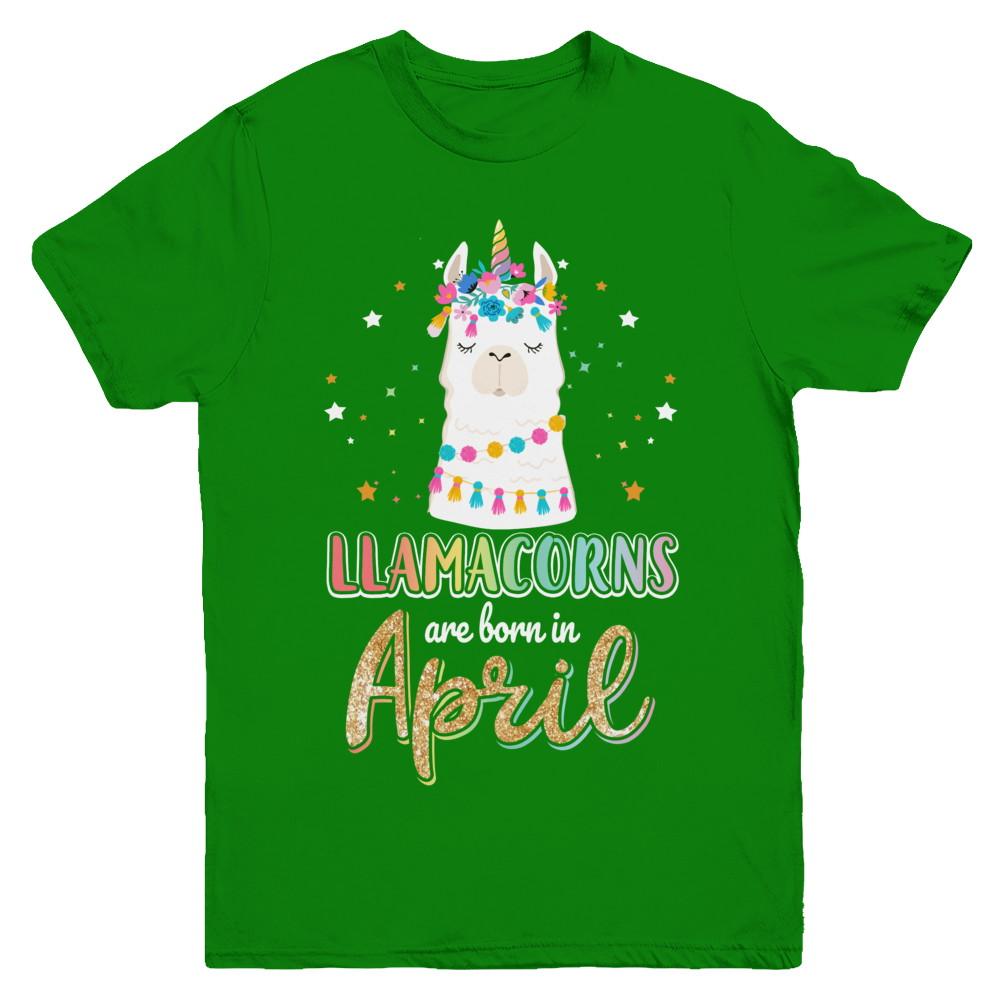 Llama Unicorn Llamacorns Born In April Birthday Gift Youth-Youth Shirt-Youth T-Shirt-Irish Green
