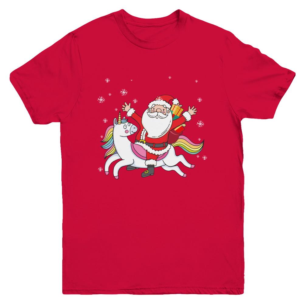 Santa Riding Unicorn Christmas Kids Girls Women Xmas Youth-Youth Shirt-Youth T-Shirt-Red