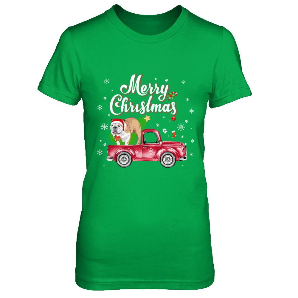 Bulldog Retriever Rides Red Truck Christmas Pajama-T-Shirt & Sweatshirt-Women's T-Shirt-Irish Green