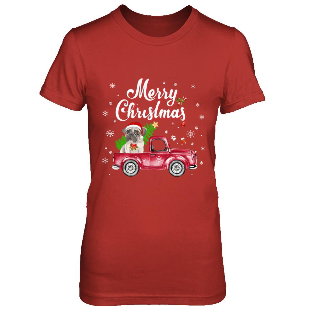 Pug Retriever Rides Red Truck Christmas Pajama-T-Shirt & Sweatshirt-Women's T-Shirt-Red