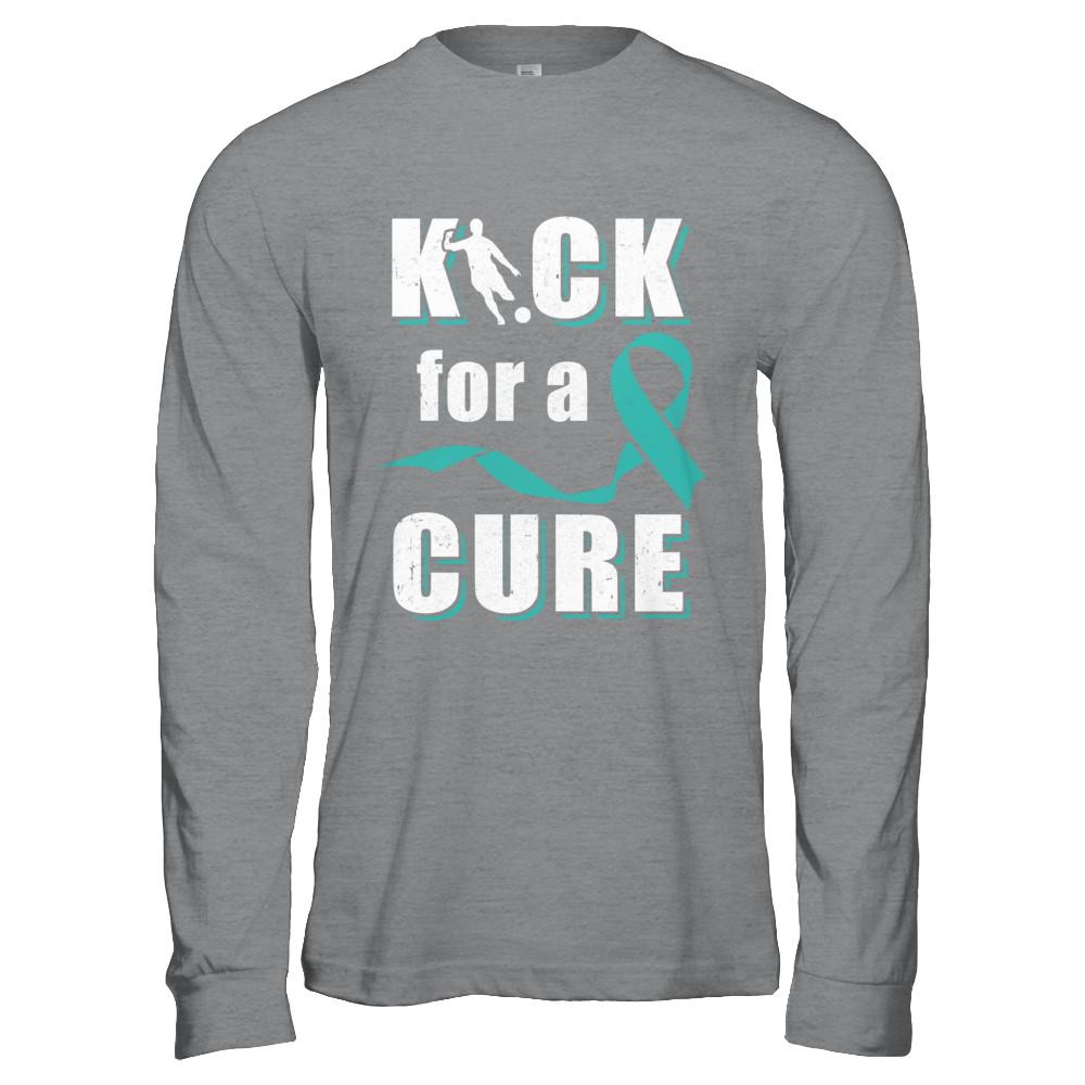 Kick For A Cure Soccer Teal Ovarian Cancer Awareness-T-Shirt & Hoodie-Long Sleeve T-Shirt-Sport Grey