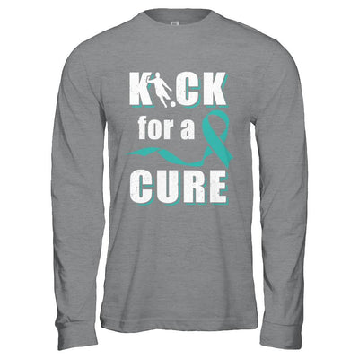Kick For A Cure Soccer Teal Ovarian Cancer Awareness-T-Shirt & Hoodie-Long Sleeve T-Shirt-Sport Grey