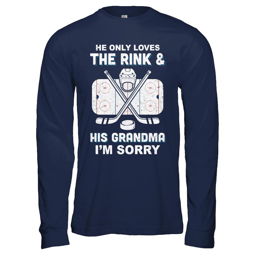 He Only Loves The Rink And His Grandma Funny Grandma Hockey-T-Shirt & Hoodie-Long Sleeve T-Shirt-Navy