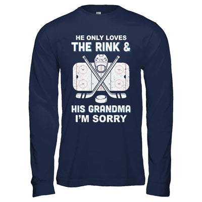 He Only Loves The Rink And His Grandma Funny Grandma Hockey-T-Shirt & Hoodie-Long Sleeve T-Shirt-Navy