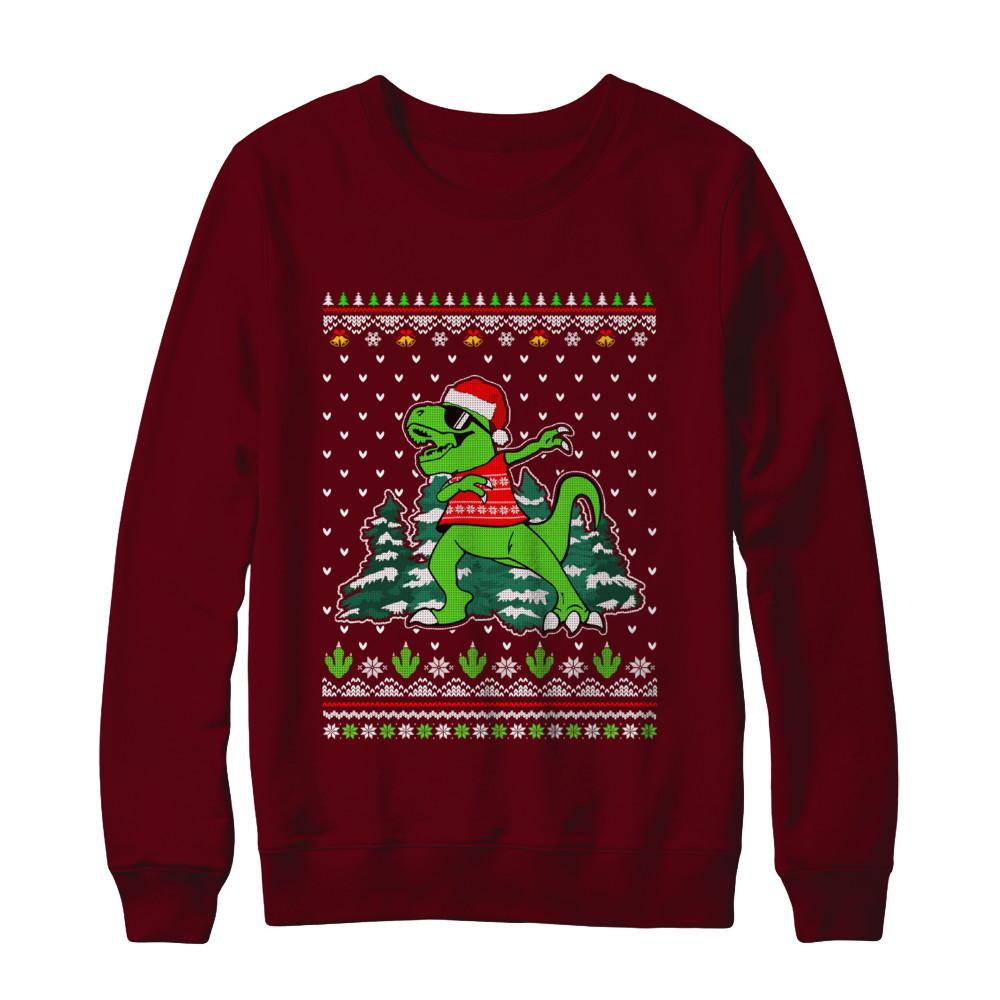 Funny Dab Dabbing Dinosaur Ugly Christmas Sweater Xmas-T-Shirt & Sweatshirt-Crewneck Sweatshirt-Maroon