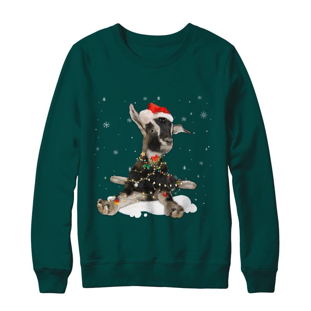 Goat With Santa Hat Lights Christmas-T-Shirt & Sweatshirt-Crewneck Sweatshirt-Deep Forest