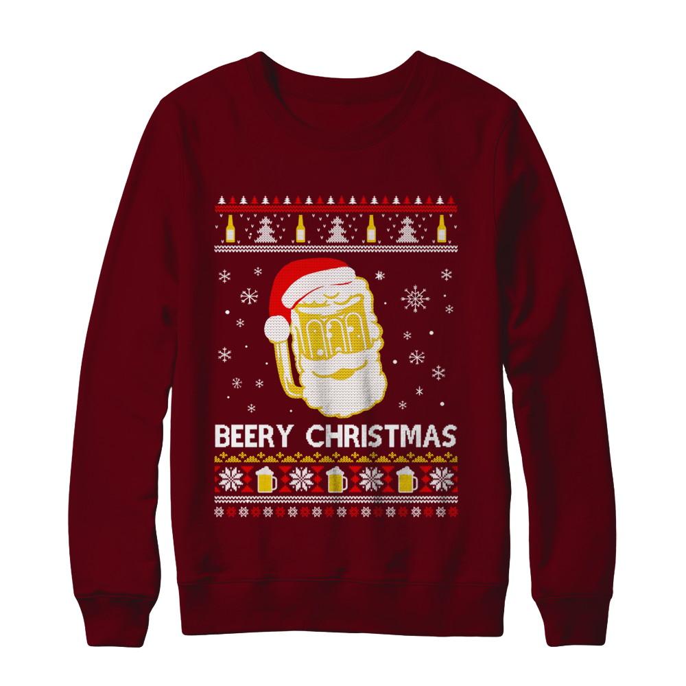 Beery Christmas Ugly Christmas Sweater Christmas Beer-T-Shirt & Sweatshirt-Crewneck Sweatshirt-Maroon