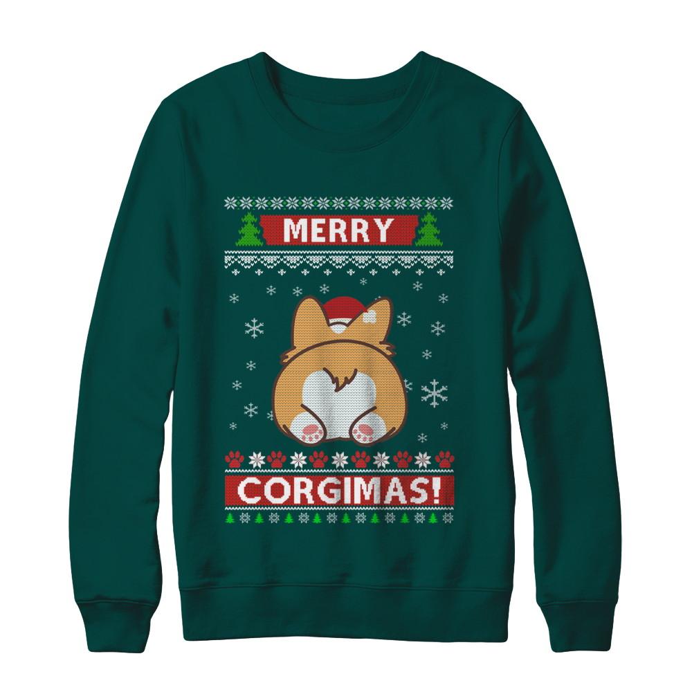 Xmas Merry Corgmas Santa Corgi Ugly Christmas Sweater-T-Shirt & Sweatshirt-Crewneck Sweatshirt-Deep Forest