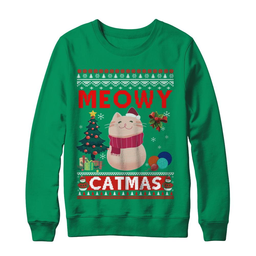 Meowy Catmas Ugly Sweater Cat Christmas-T-Shirt & Sweatshirt-Crewneck Sweatshirt-Irish Green