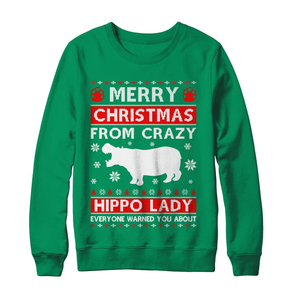 Merry Christmas From Crazy Hippo Lady Sweater-T-Shirt & Sweatshirt-Crewneck Sweatshirt-Irish Green