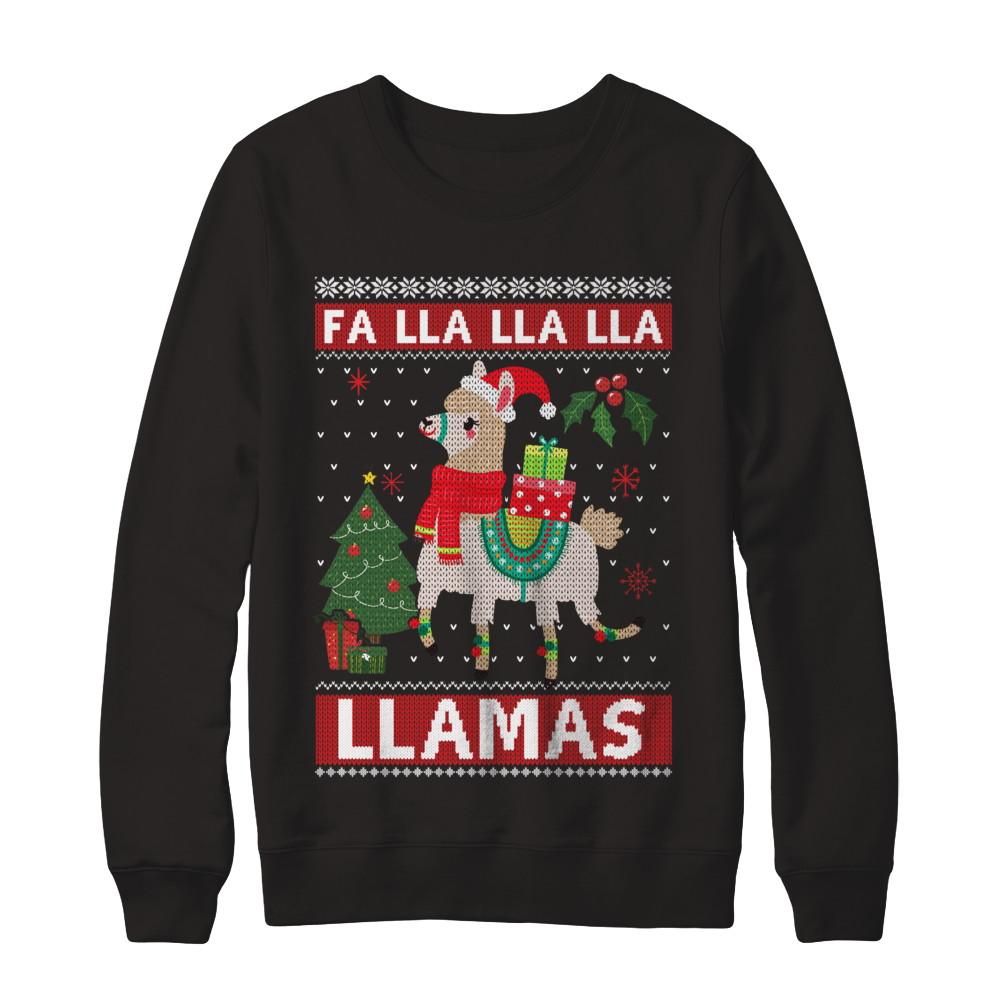 Fa Lla Lla Llama Christmas Singing Cute Ugly Sweater-T-Shirt & Sweatshirt-Crewneck Sweatshirt-Black